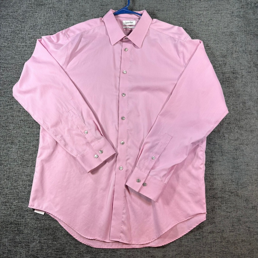 Calvin Klein Dress Shirt Mens 17 34/35 Pink Slim Fit Non-Iron Long Sleeve Micro